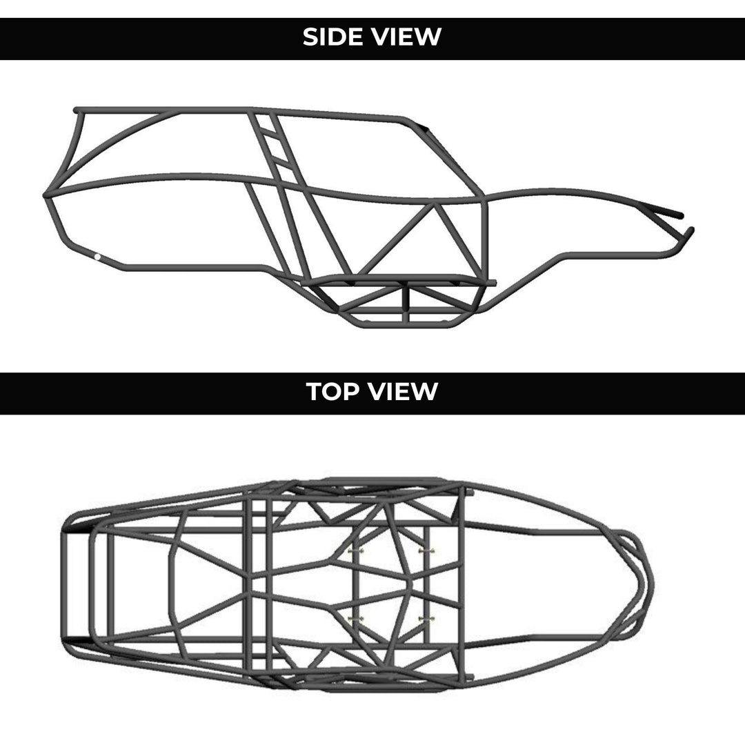 Side and top views of a custom rock crawling buggy chassis on a white background