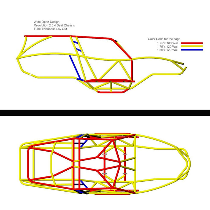 Two views of a Revolution rock crawler chassis platform with color-coded design on a white background.
