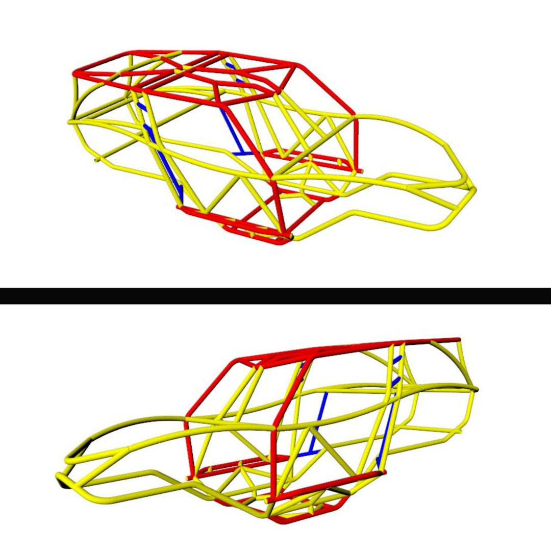 3D wireframe model of a rock crawler tube chassis in red and yellow on a white background