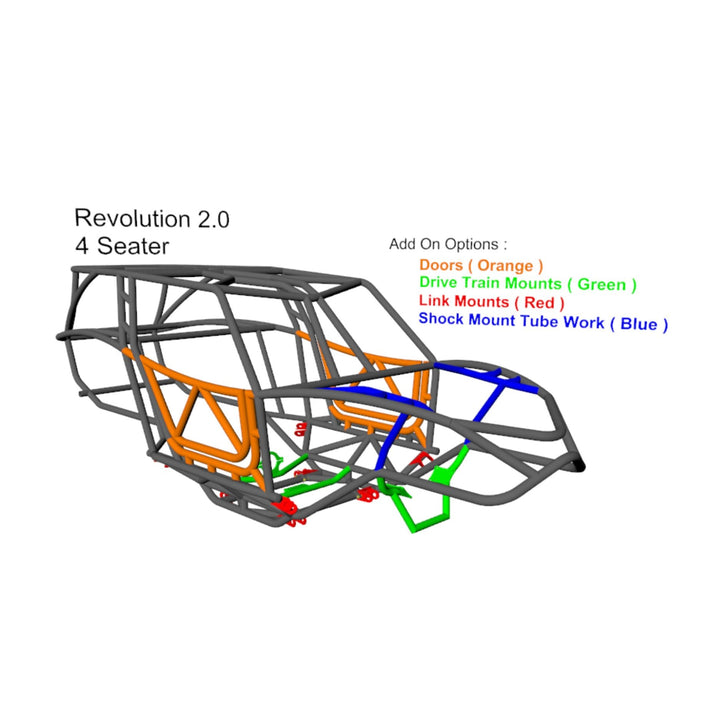 custom tube chassis frame with color-coded add-on options on a white background