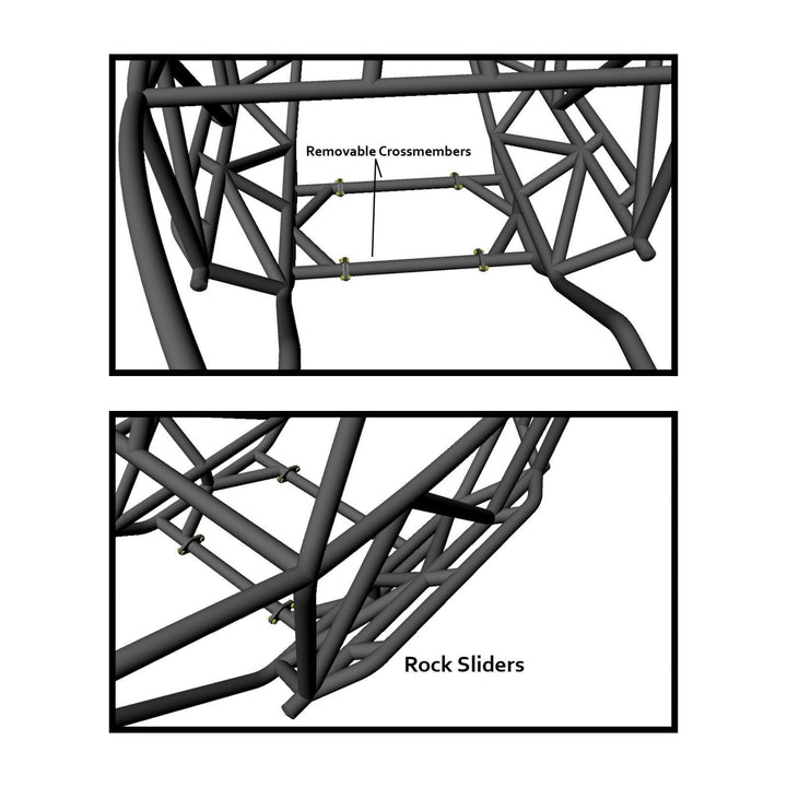 Diagram of a custom fab chassis frame with removable crossmembers and rock sliders labeled.