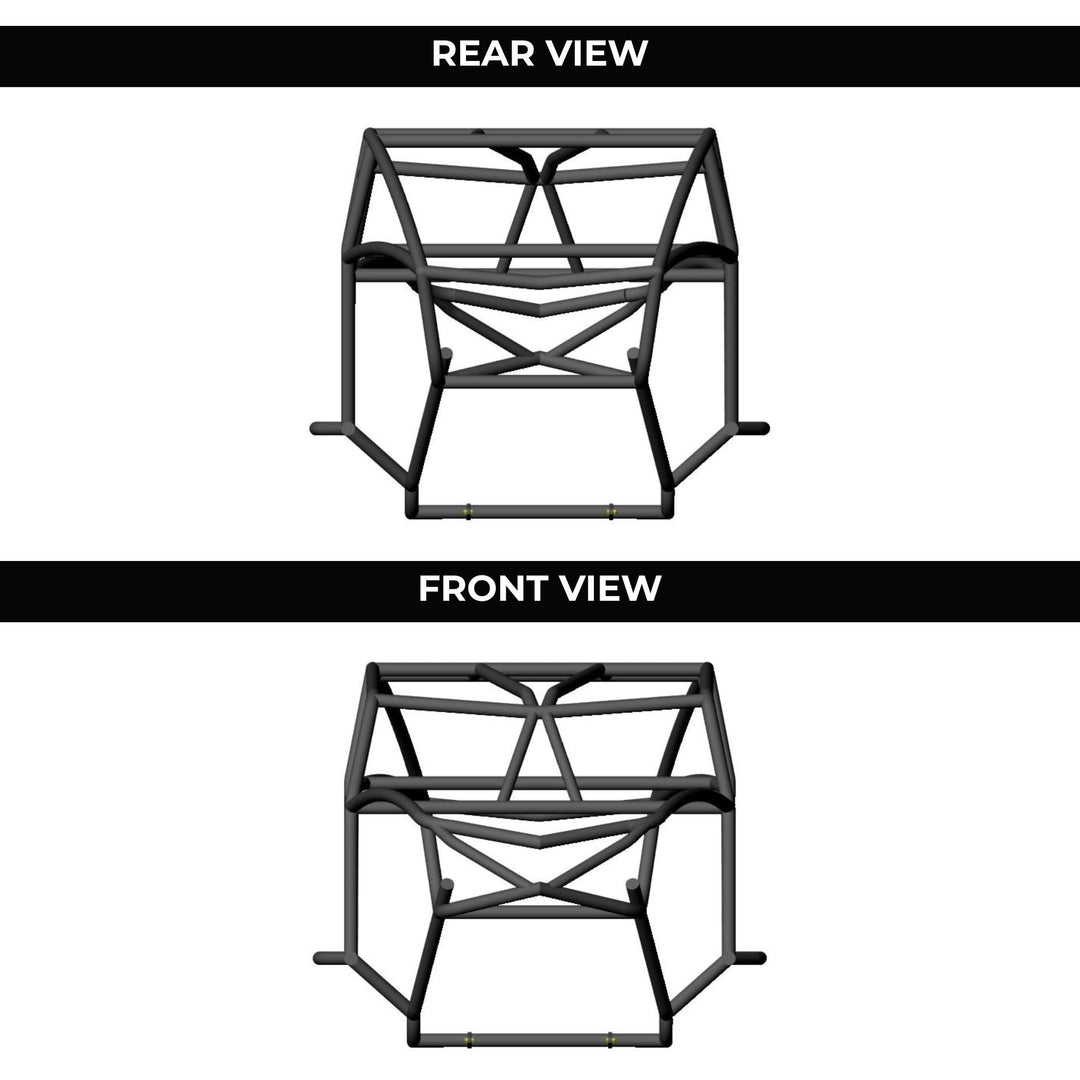 Rc crawler tube chassis shown from rear and front views on a white background