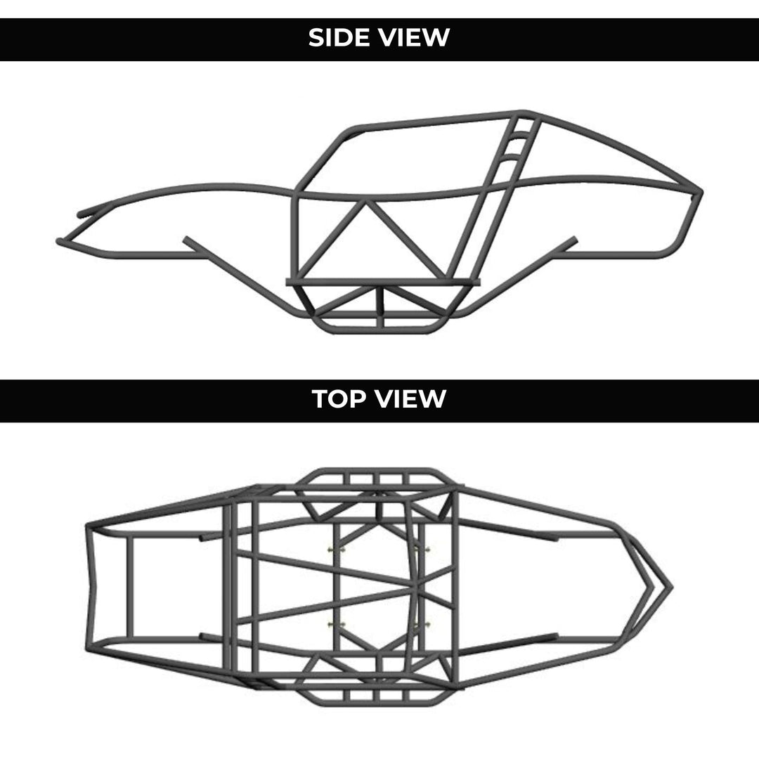 Technical drawings of a rock bouncer tube chassis from side and top views on a white background.