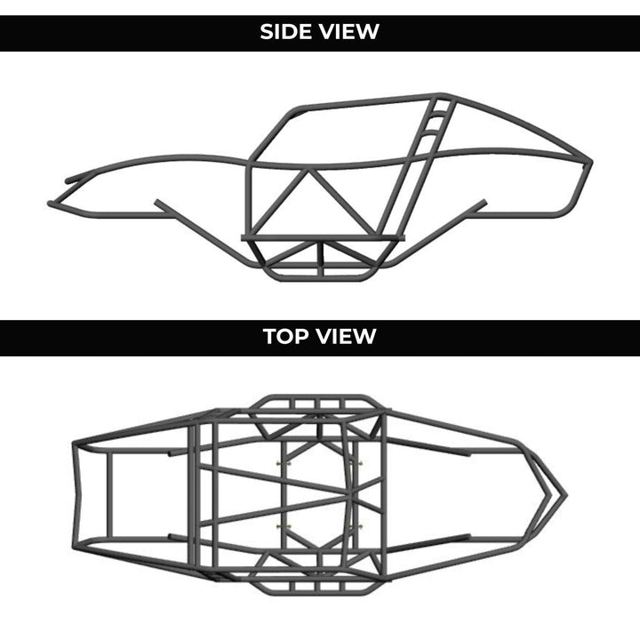 Technical drawings of a rock bouncer tube chassis from side and top views on a white background.