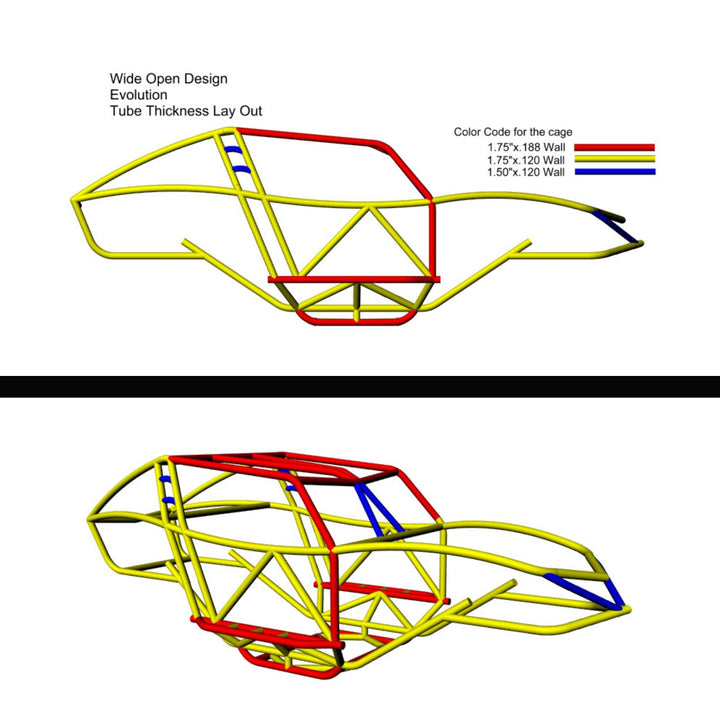 Technical drawings of a evolution rock crawler chassis with color-coded tube thickness on a white background.