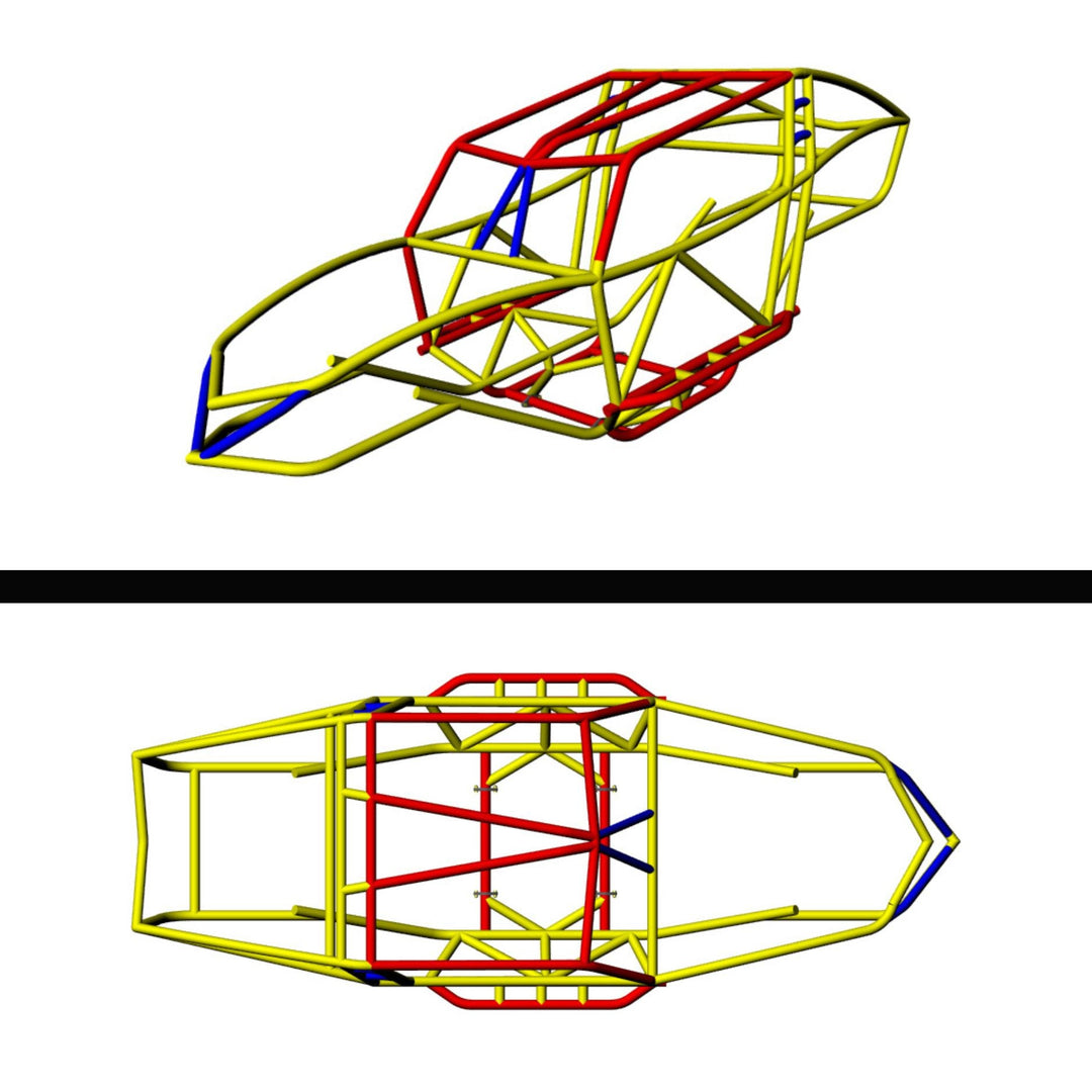 3D model of a rc tube chassis structure with colored beams on a white background