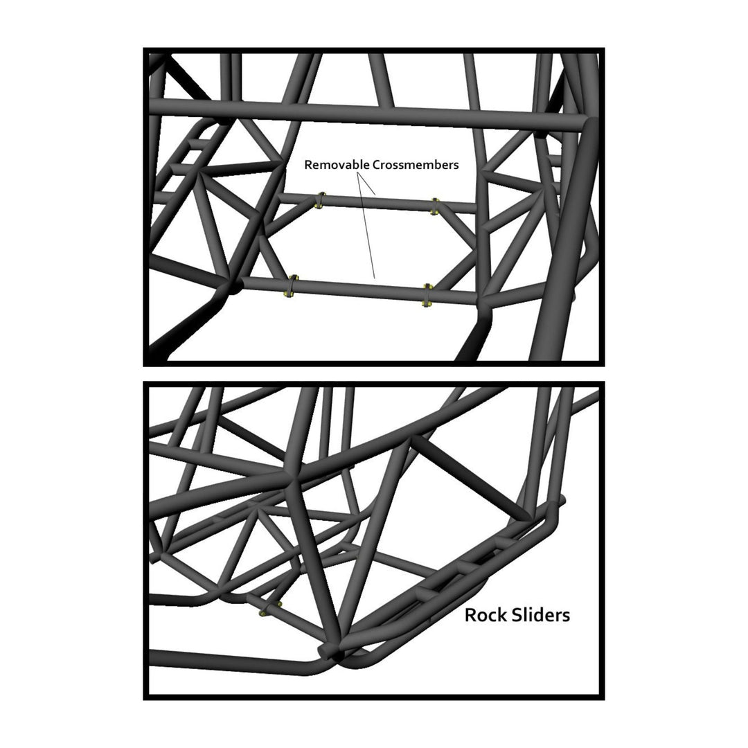 Diagram of a custom tube chassis frame with removable crossmembers and rock sliders labeled.