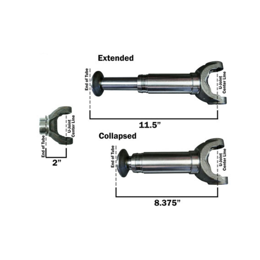 Diagram showing DIY off road driveshaft components extended and collapsed states with measurements.