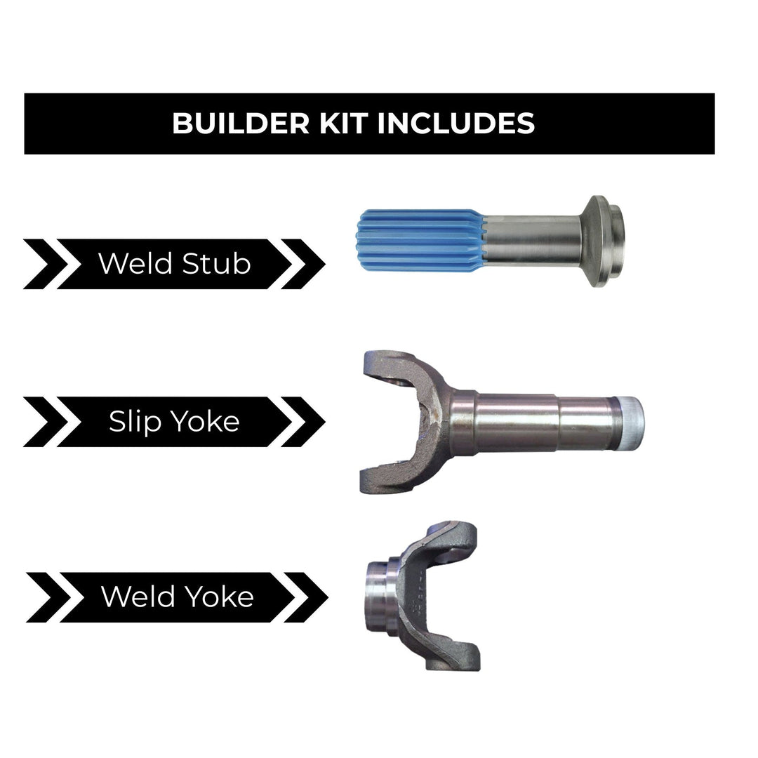 Builder kit components including weld stub, slip yoke, and weld yoke on a white background.