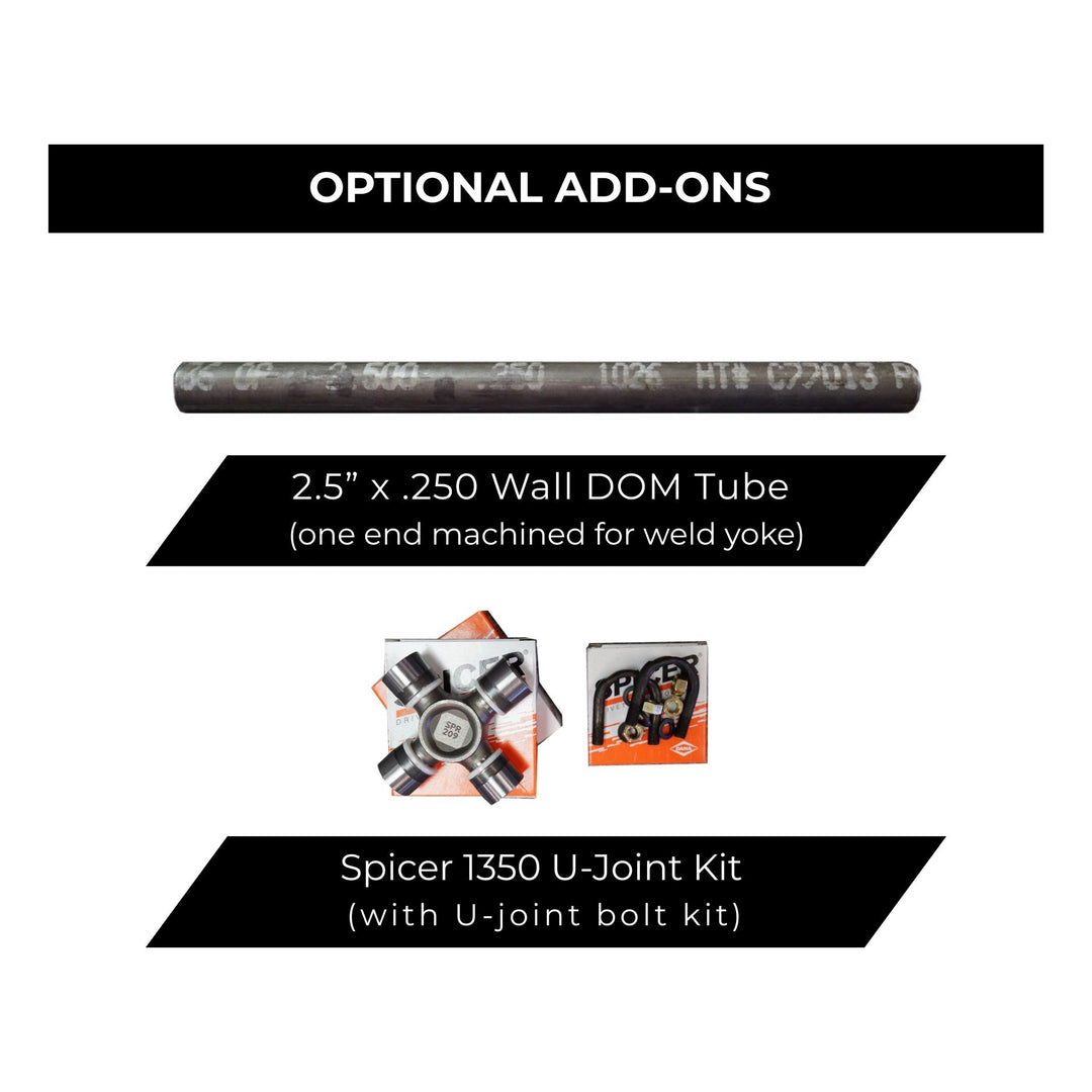 List of optional add-ons including 2.5 inch DOM driveshaft .250 wall tube and U-Joint kit on a white background.