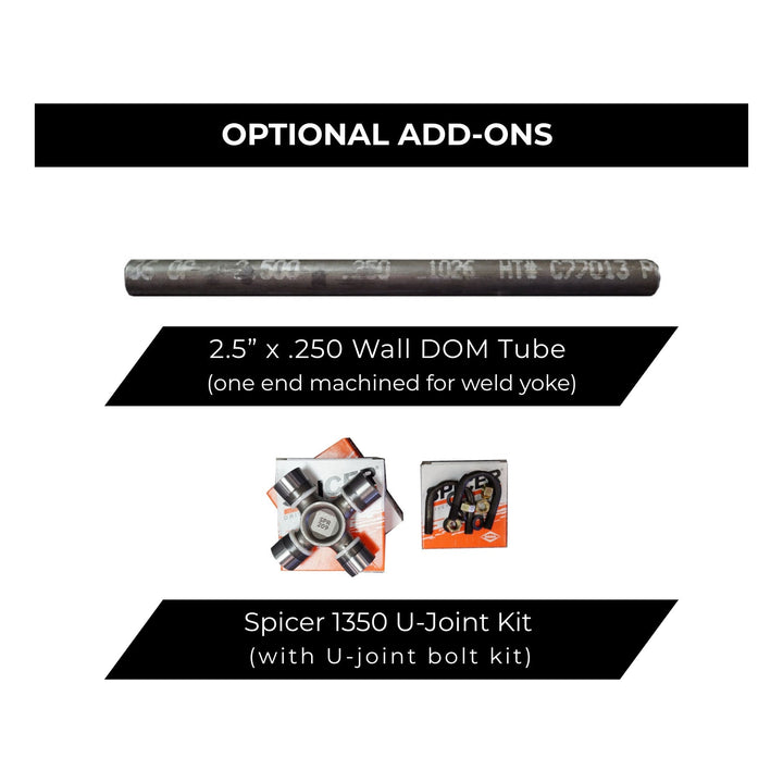List of optional add-ons including 2.5 inch DOM driveshaft .250 wall tube and U-Joint kit on a white background.