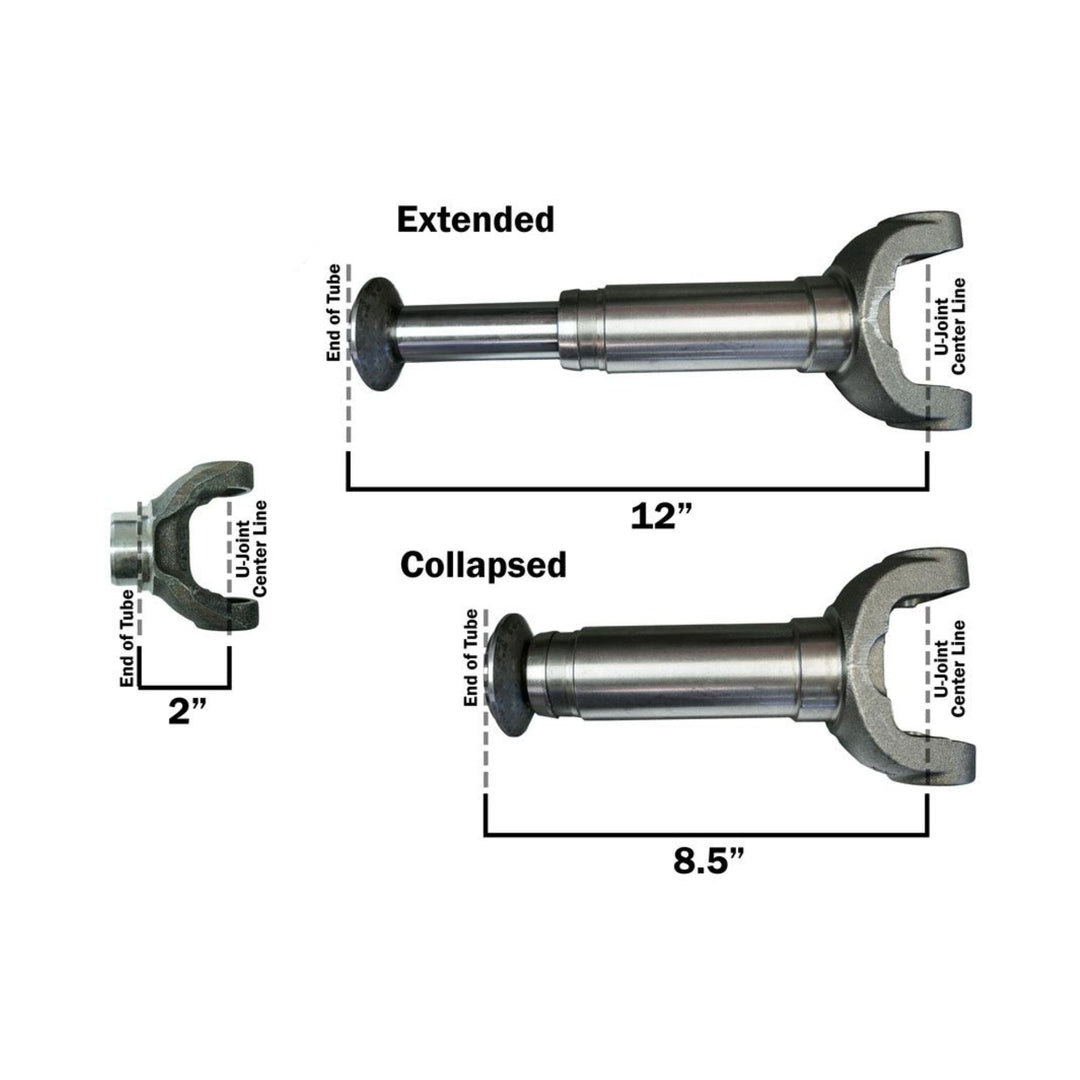 Illustration of a heavy duty off road hybrid driveshaft in extended and collapsed states with measurements on a white background.