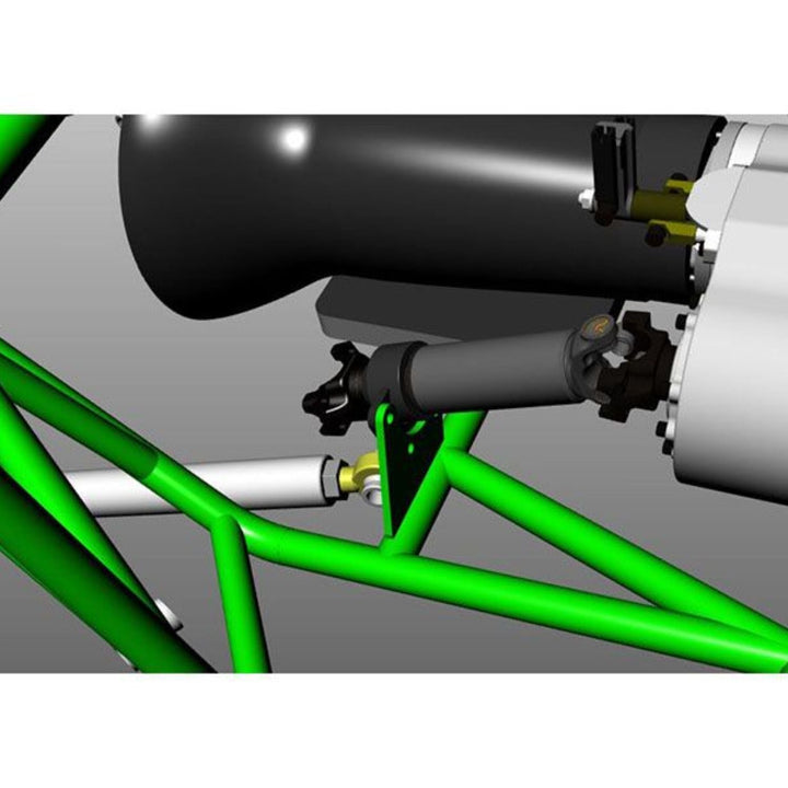 Close-up of tubing with off road multi piece driveshaft kit installed on a gray background