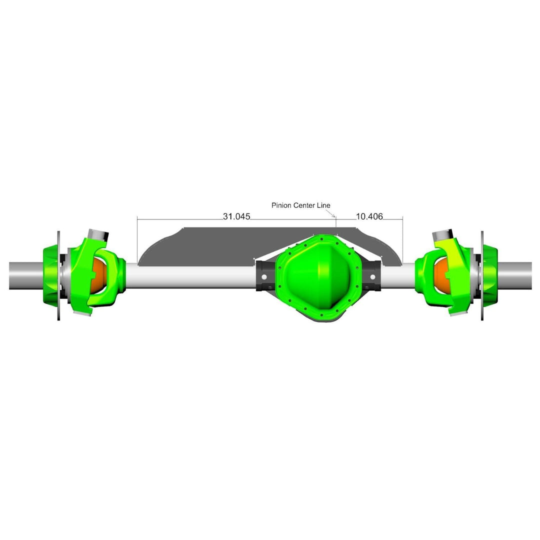 Technical drawing of a Driver drop 14 bolt axle truss welded on a white background