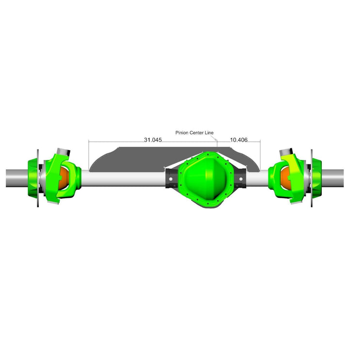 Technical drawing of a Driver drop 14 bolt axle truss welded on a white background