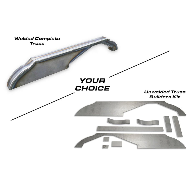 Off-road 14 bolt front axle reinforcement with text indicating welded complete truss and unwelded builders kit options on a white background.