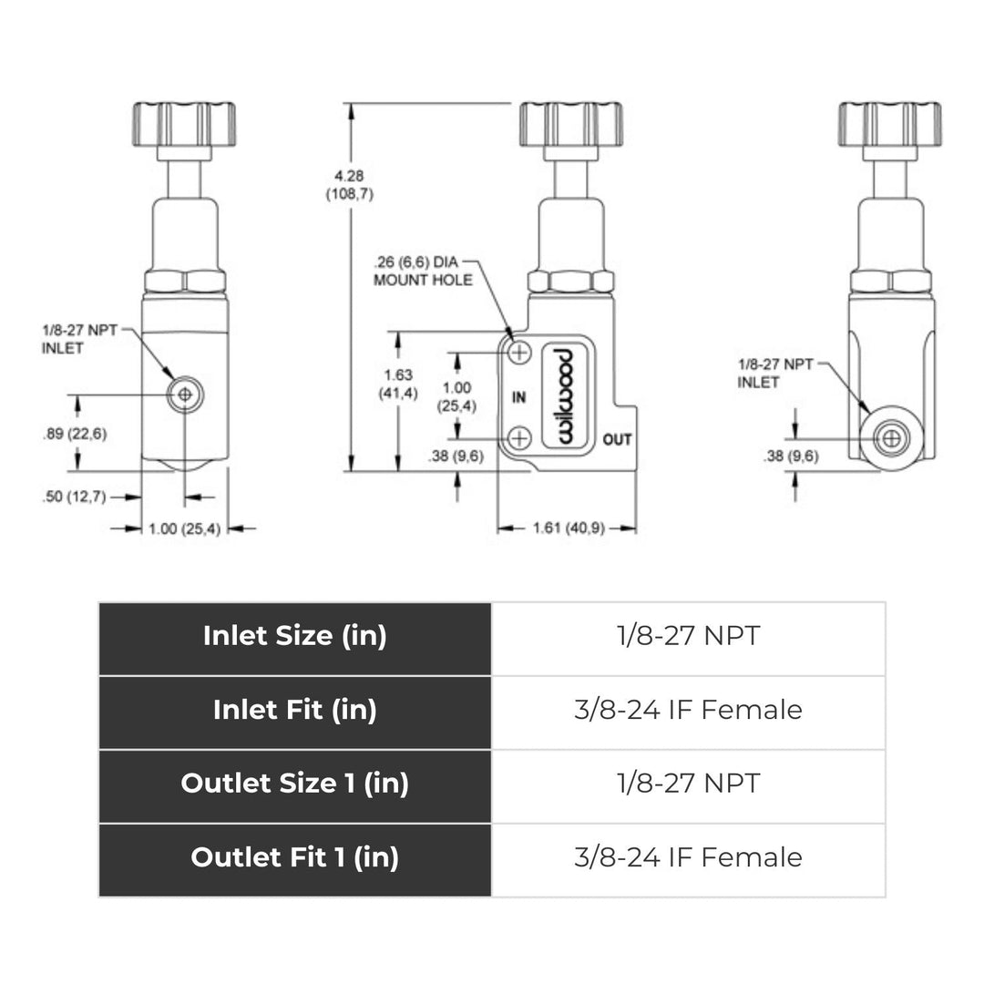 Technical diagram of a Wilwood forged billet brake proportioning valve with labeled dimensions and specifications.