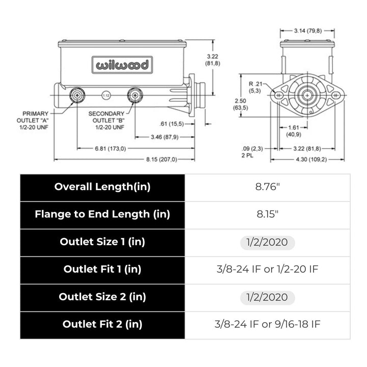 Technical drawing of a Wilwood 1-1/8 inch bore tandem master cylinder with dimensions and specifications, featuring the brand &