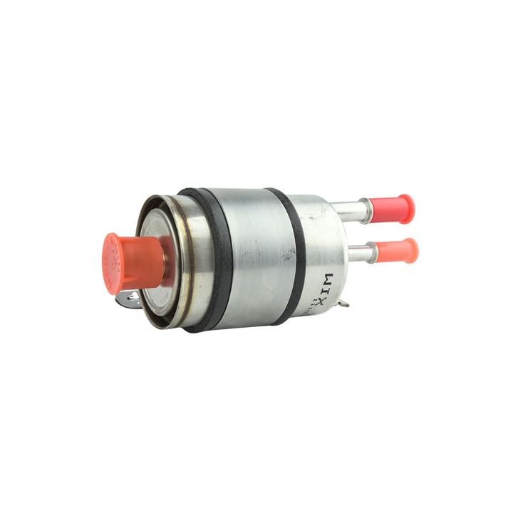 -6 AN fuel filter regulator for LS build with red caps on a white background
