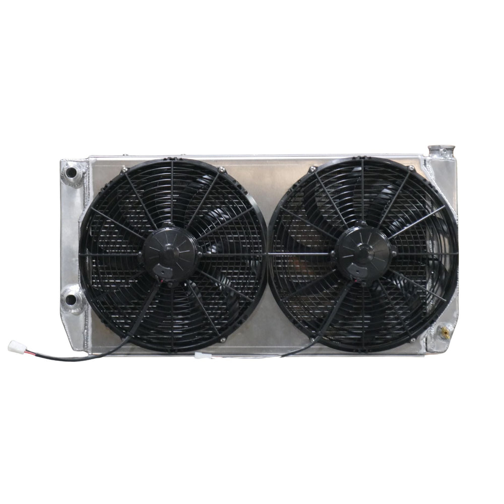 LS engine radiator with dual 14 inch SPAL fans on a white background