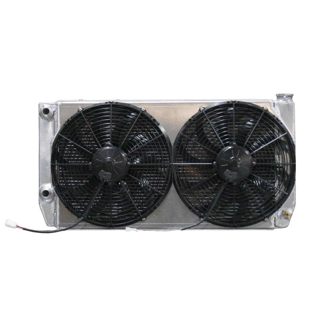 LS engine radiator with dual 14 inch SPAL fans on a white background