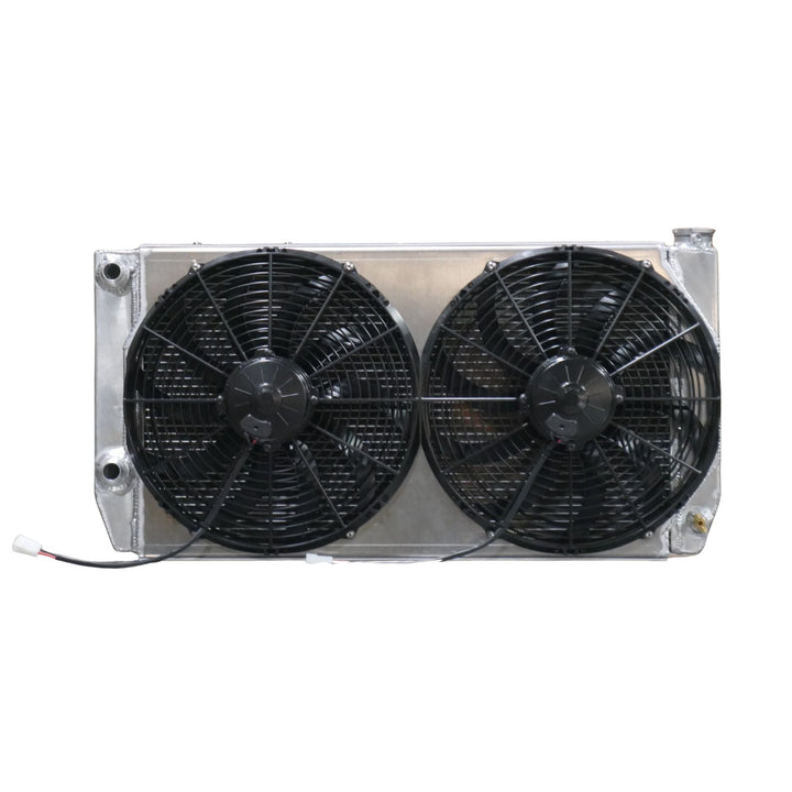 LS engine radiator with dual 14 inch SPAL fans on a white background