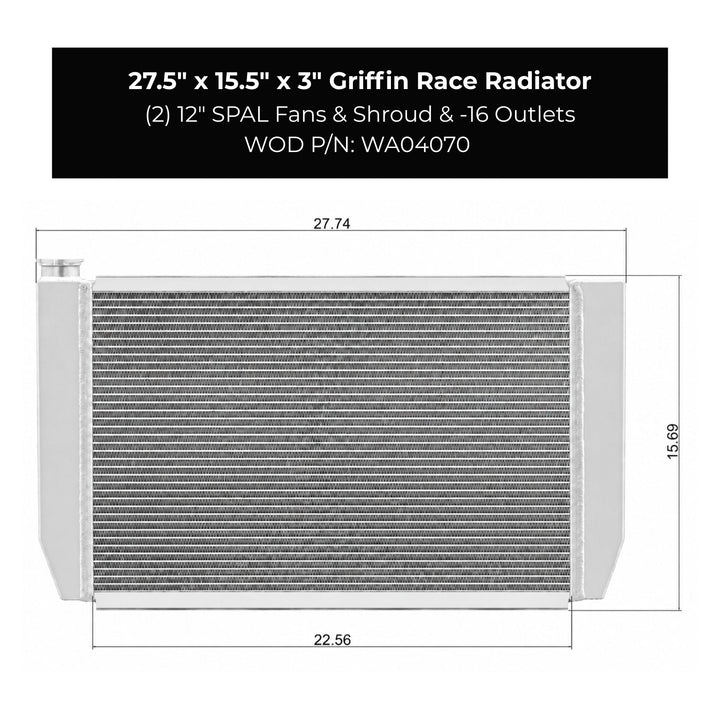 Griffin Race Radiator with dimensions and specifications on a white background