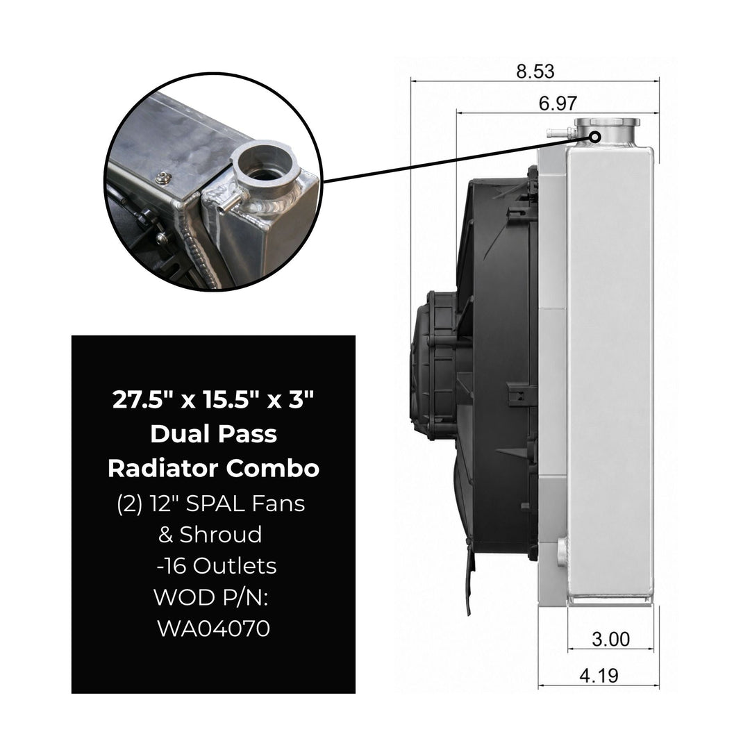 Technical diagram of a dual pass radiator combo with dimensions and specifications.