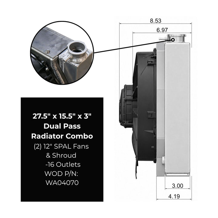 Technical diagram of a dual pass radiator combo with dimensions and specifications.