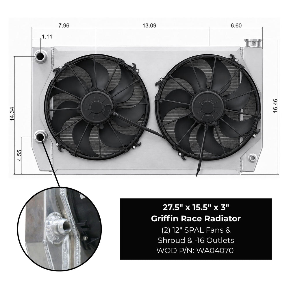 Griffin Race Radiator with fans and dimensions labeled