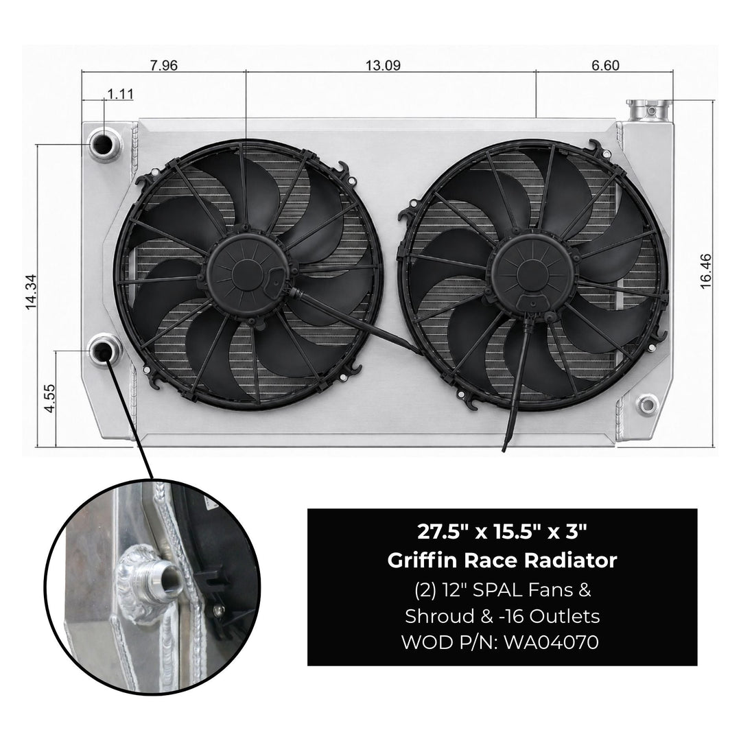 Griffin Race Radiator with fans and dimensions labeled