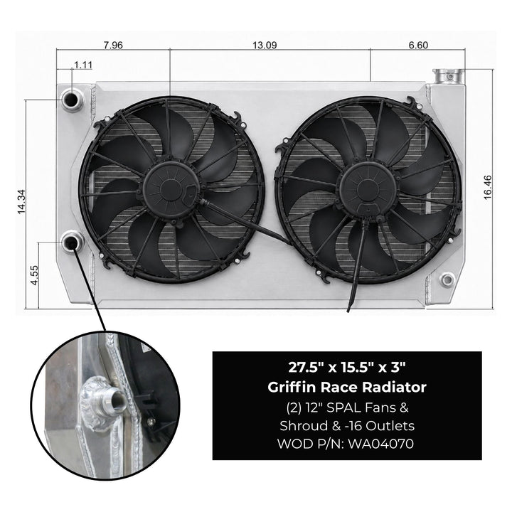 Griffin Race Radiator with fans and dimensions labeled
