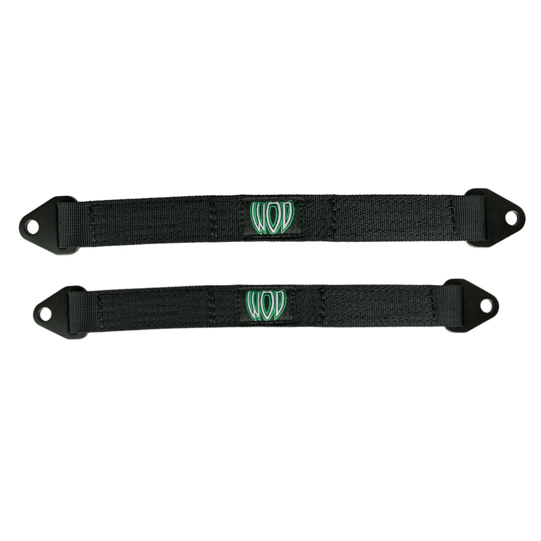 Two black heavy duty off road limit straps with green WOD logo on a white background