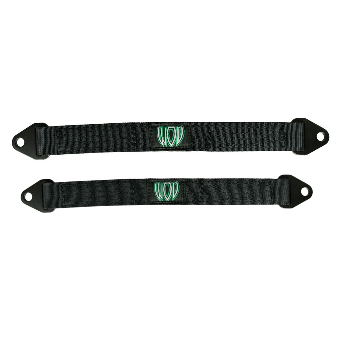 Two black heavy duty off road limit straps with green WOD logo on a white background