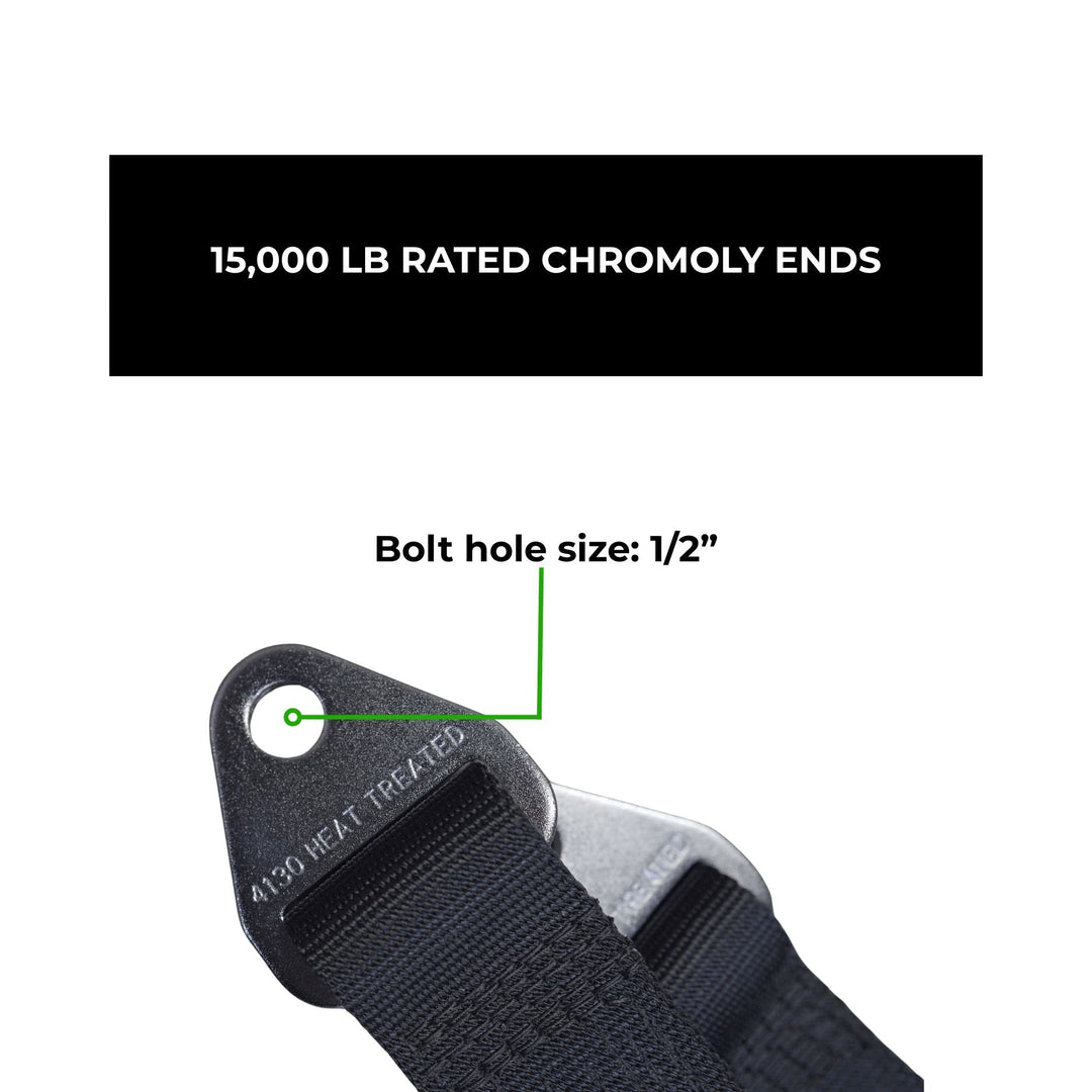 Close-up of a black chromoly end limit straps with text indicating 15,000 lb rated chromoly ends and bolt hole size 1/2".