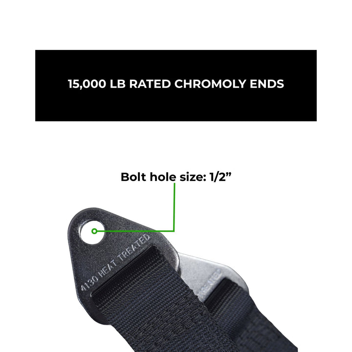 Close-up of a black chromoly end limit straps with text indicating 15,000 lb rated chromoly ends and bolt hole size 1/2".