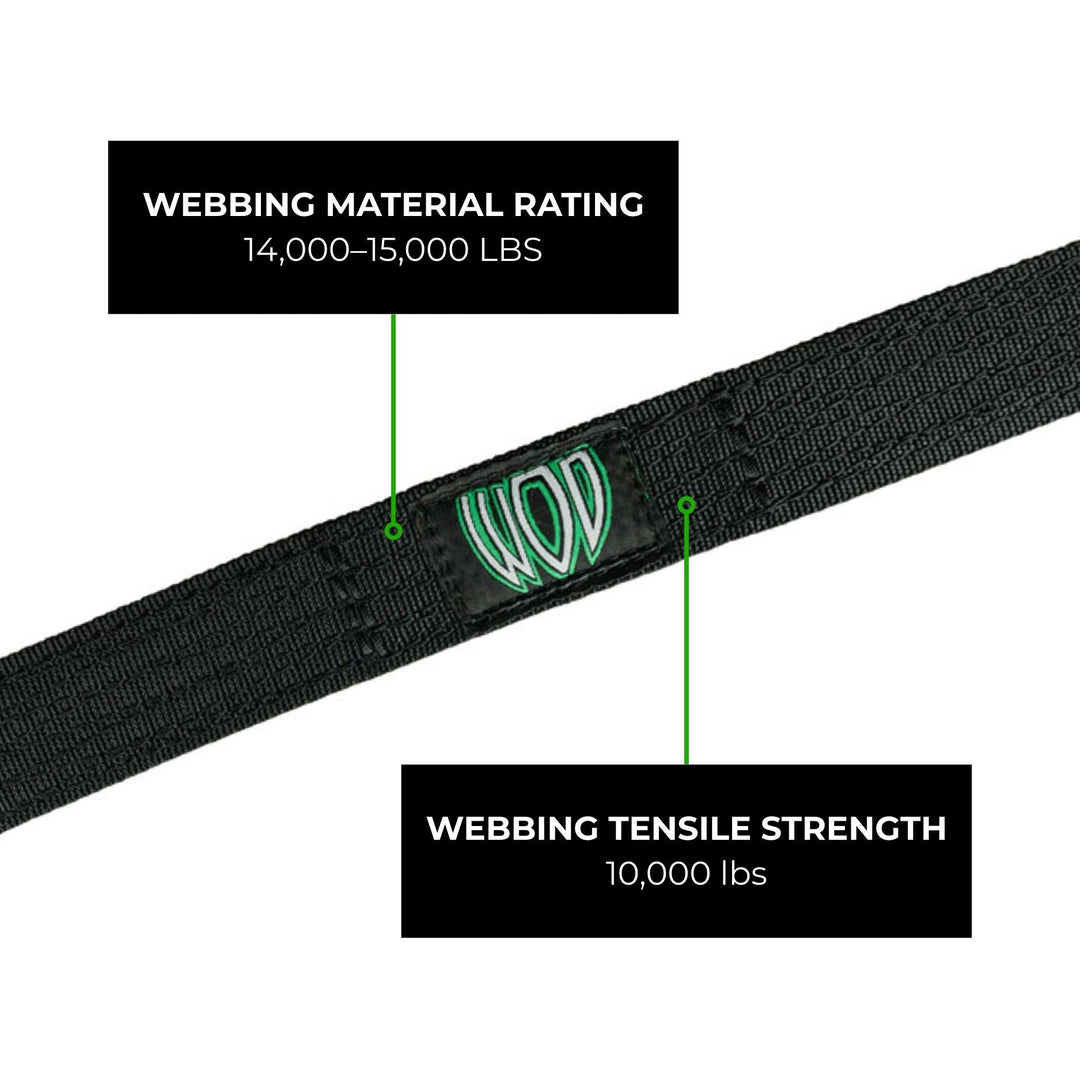Black custom suspension limit straps with WOD logo and strength rating information on a white background