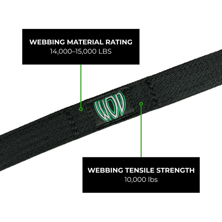 Black custom suspension limit straps with WOD logo and strength rating information on a white background