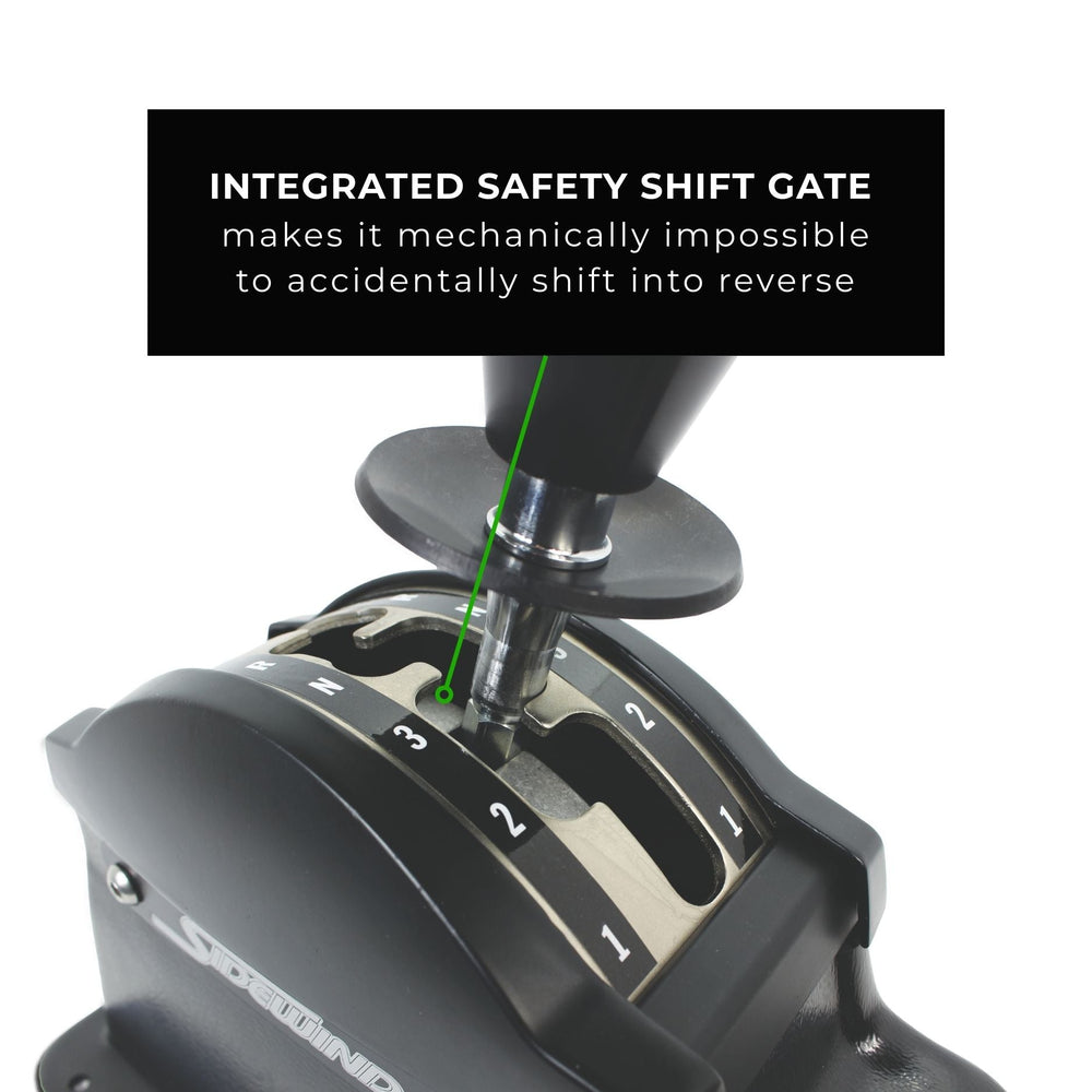 Close-up of a winters lockout shifter with an integrated safety shift gate feature, labeled on a white background.