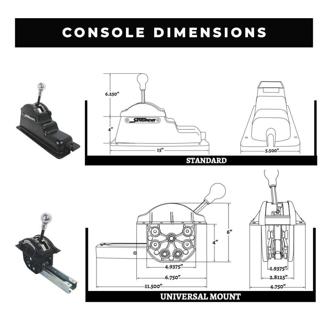 Technical diagram of console dimensions for standard and universal side plate mounts with labeled parts and measurements.