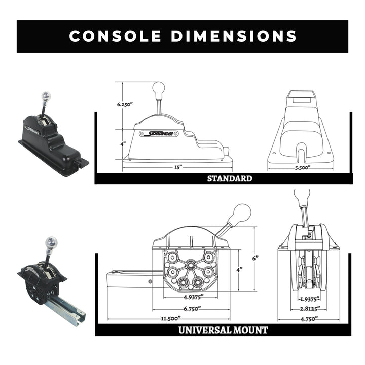 Technical diagram of console dimensions for standard and universal side plate mounts with labeled parts and measurements.