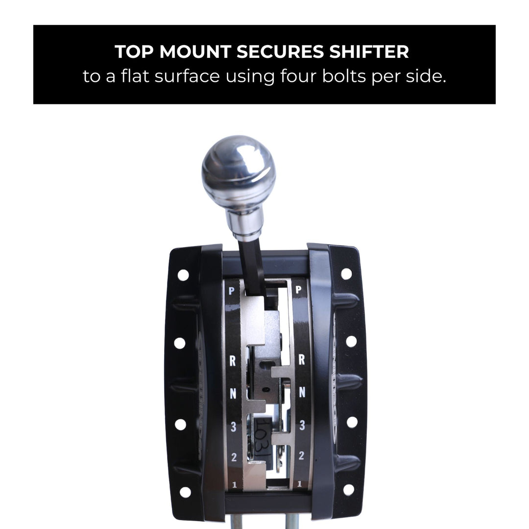 Winters automatic shifter for 4L80E transmission with side plate mount and text explaining its use.