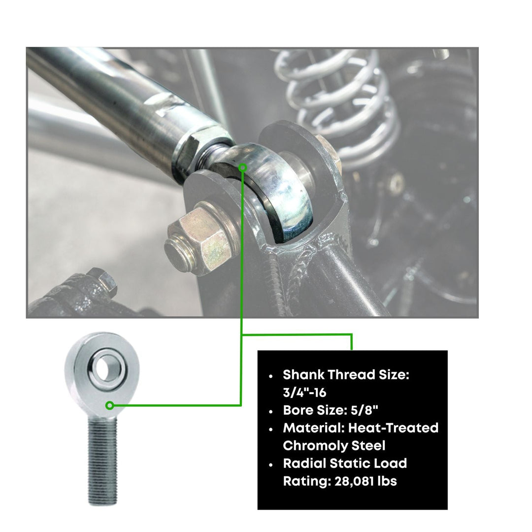 Close-up of a ladder bar chromoly rod ends with specifications displayed.