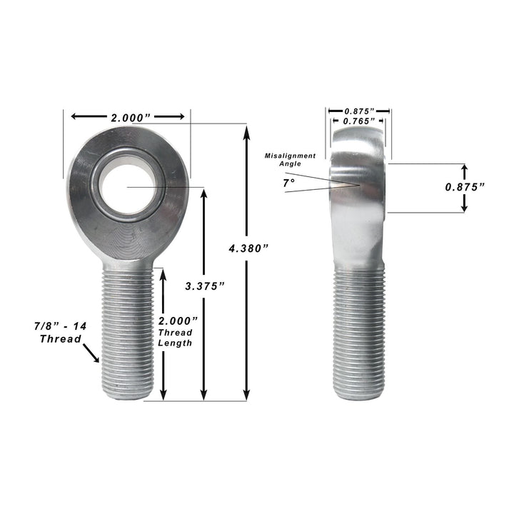 Measurement chart of a XMR14 chromoly rod end with dimensions labeled.