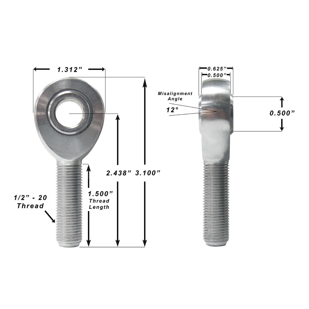 Technical drawing of a four link suspension rod end with dimensions labeled on a white background