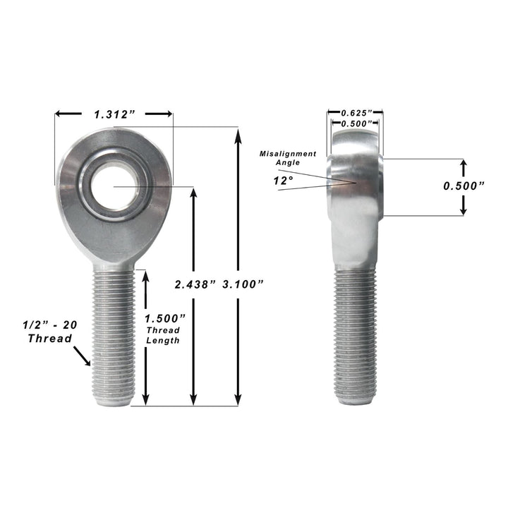 Technical drawing of a four link suspension rod end with dimensions labeled on a white background