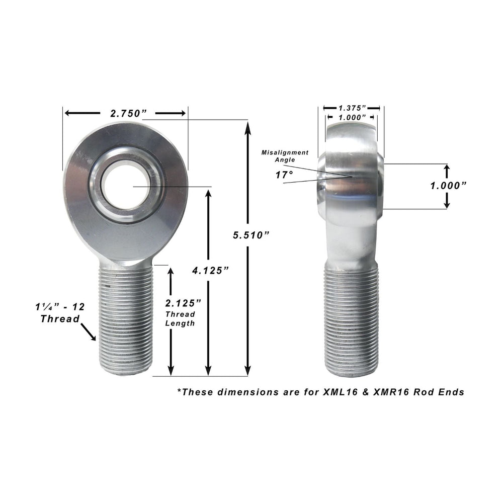 Technical drawing of 1 inch bore heim joints with dimensions labeled