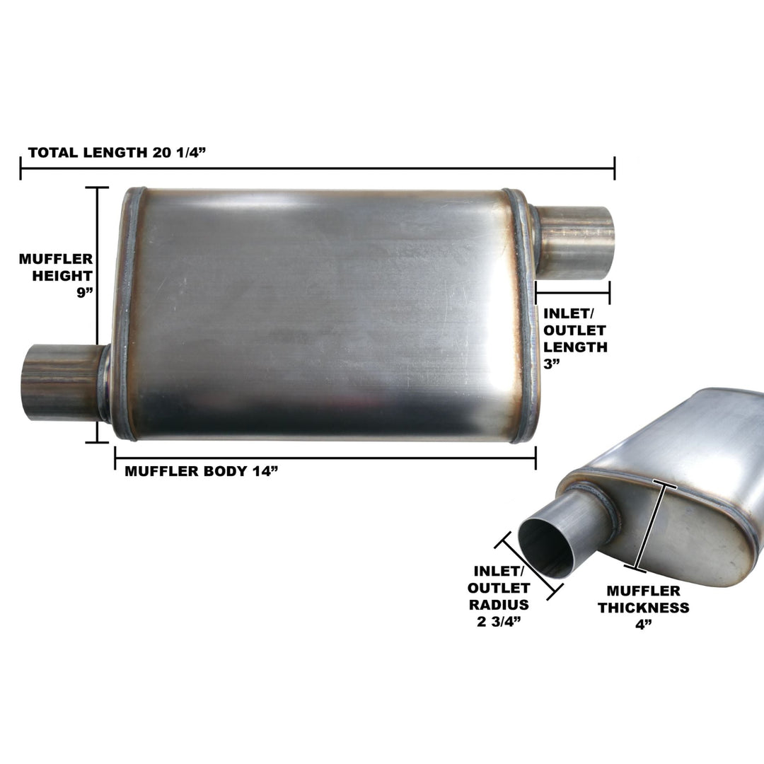 quiet idle aggressive load muffler off road
 with dimensions labeled on a white background