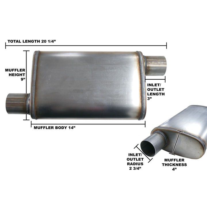 quiet idle aggressive load muffler off road
 with dimensions labeled on a white background