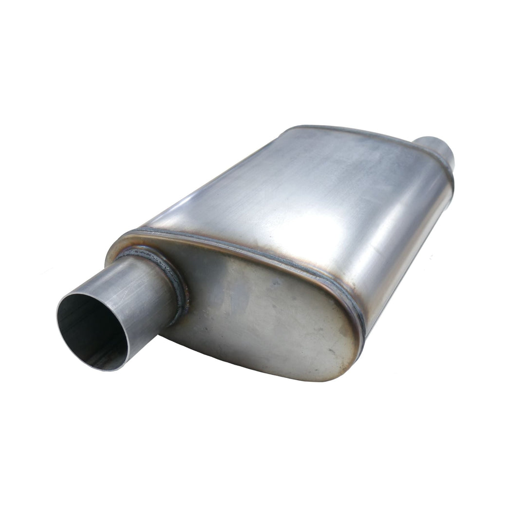 stainless muffler for LS swap exhaust system on a white background